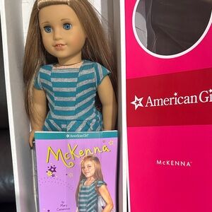 American Girl McKenna Doll in Striped Blue and Tan Dress